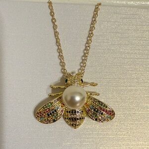Gold Bee Pendant Women’s Necklace with Multicolor Accents 19-20”